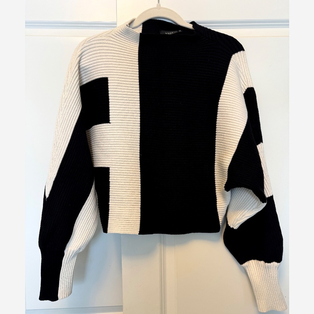 Anthropologie VICI Sweater Cropped Black Ivory Ribbed S